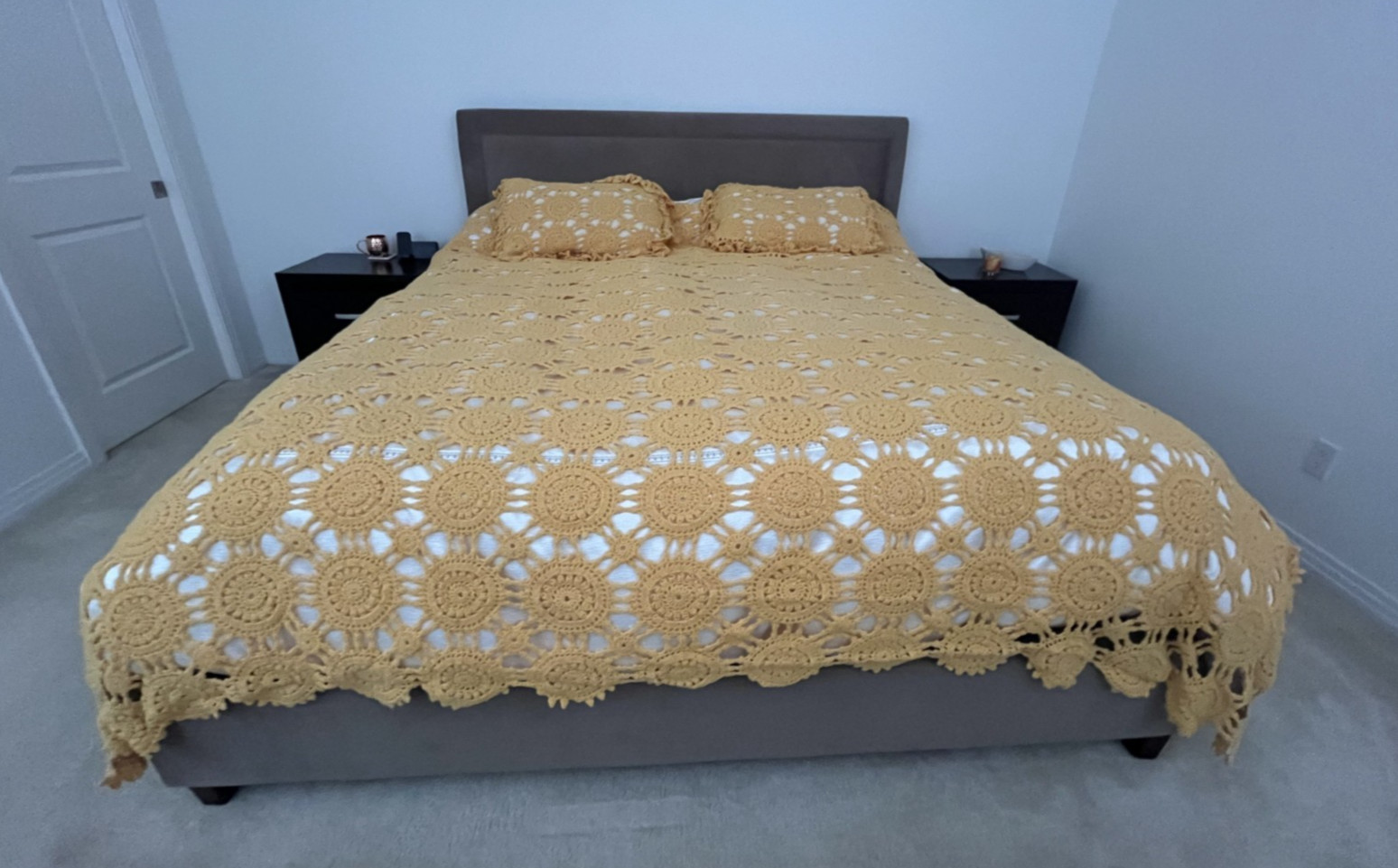 Vintage Handmade Yellow Crochet Knitted Yarn Blanket Pillow Case King 101×101 in