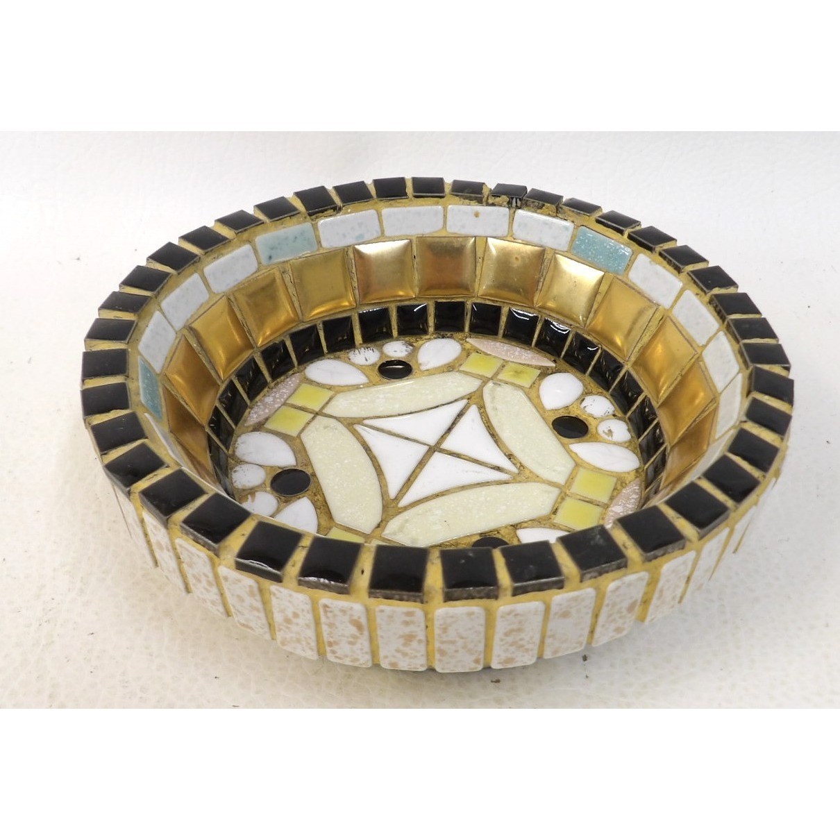 Vintage Mosaic Tile Decorative Bowl Gold Black Cream Geometric MCM Art Catchall
