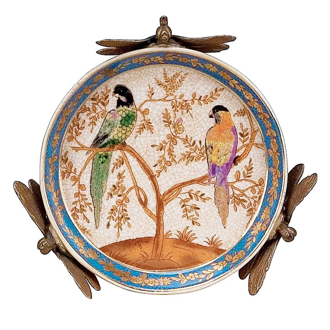 Polychrome Porcelain Chinoiserie Tray. Hand Painted. Bronze Dragonfly Feet 5.5&Prime;D