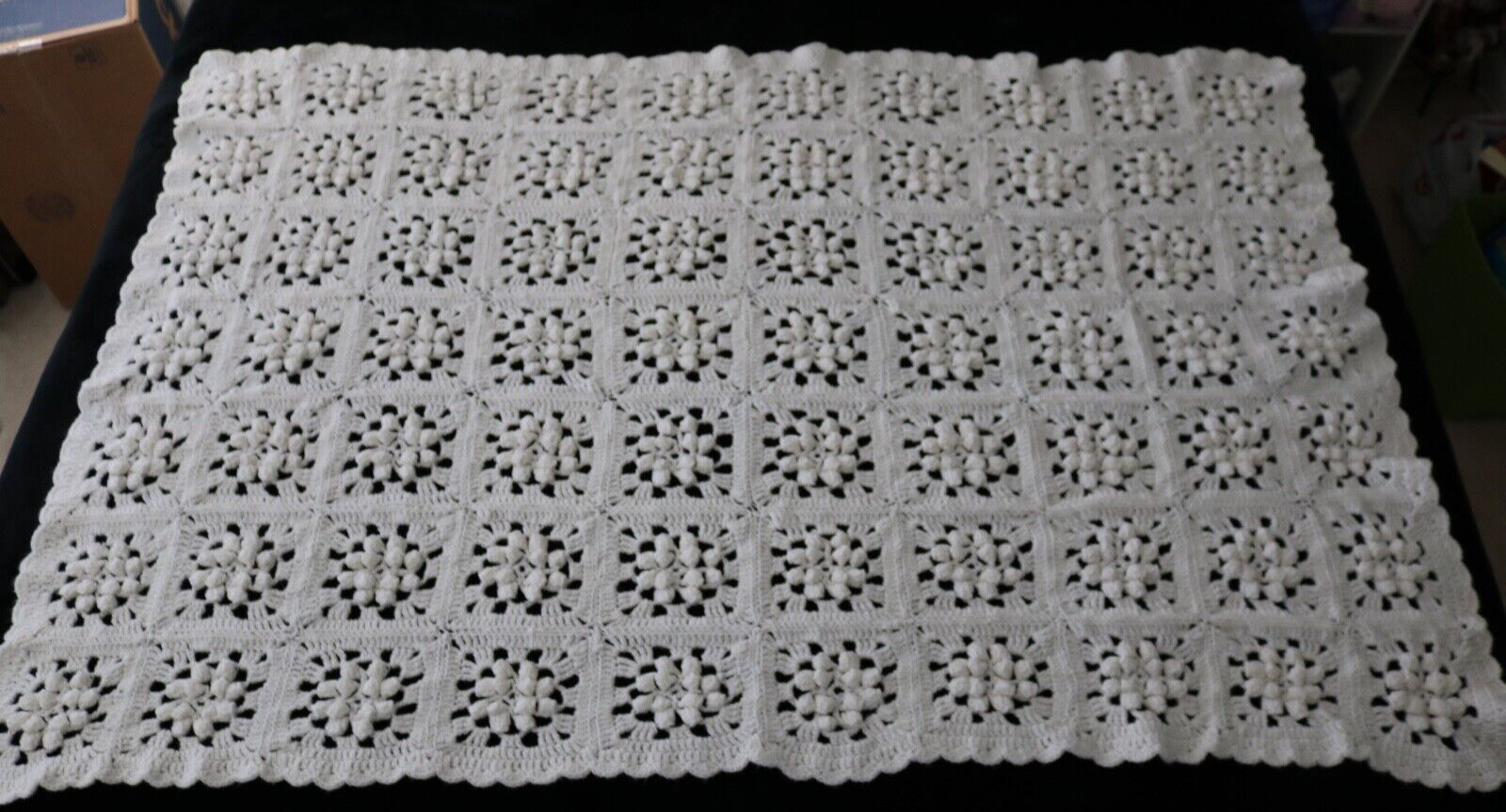 Baby Granny Squares Afghan Hand Crocheted Soft White Cream Popcorn Stitches EUC
