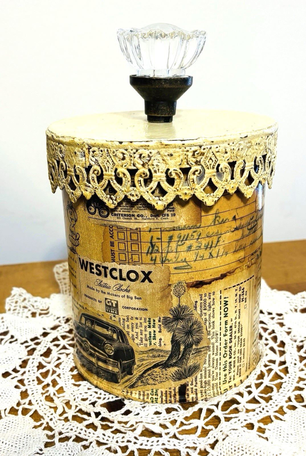 Vintage Newspaper Print Metal Decorative Shabby Tin Can Container with Lid 8 x 5