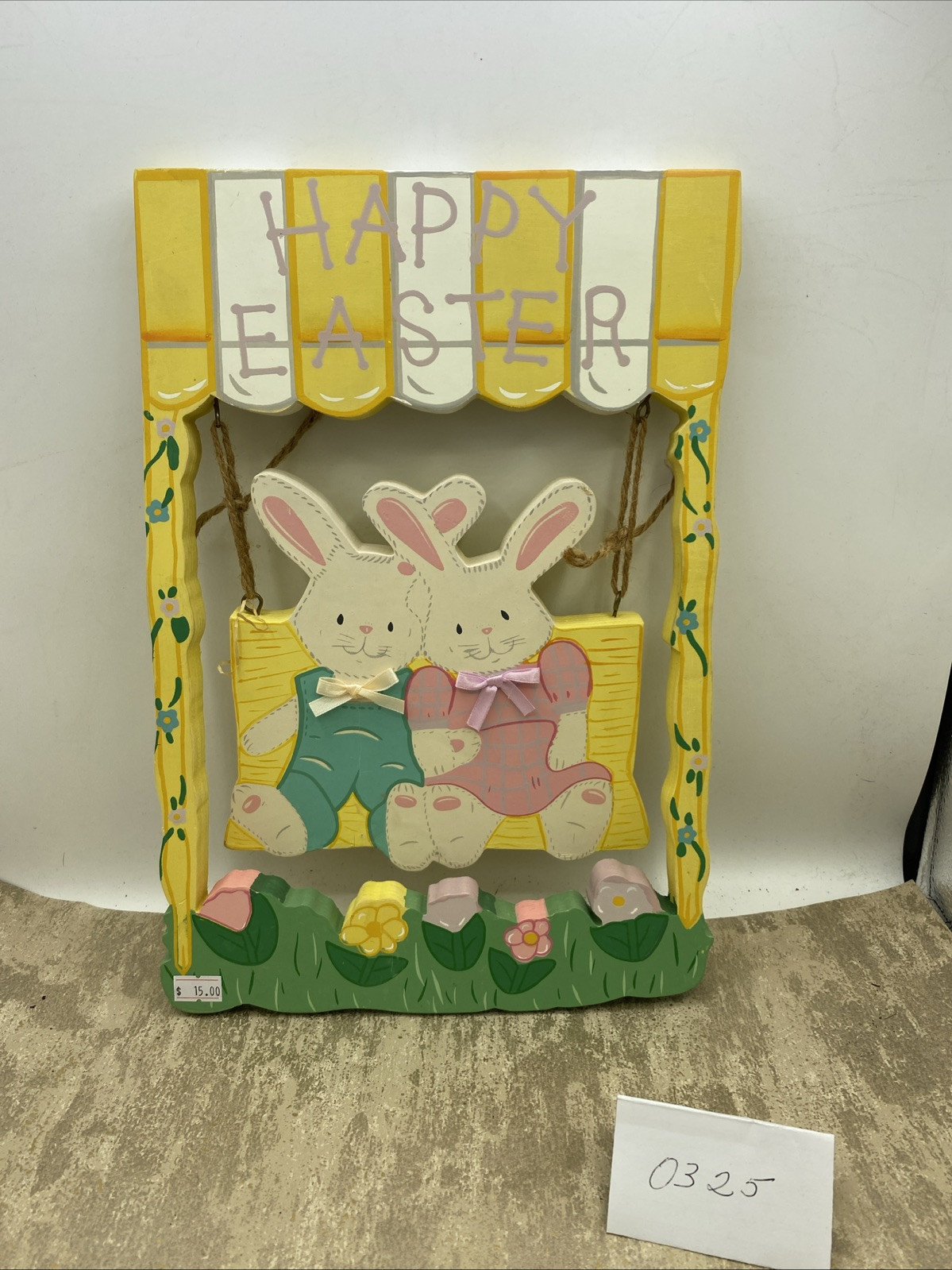 Happy Easter Bunnies On A Swing wood sign 9.5”X 14” Tall