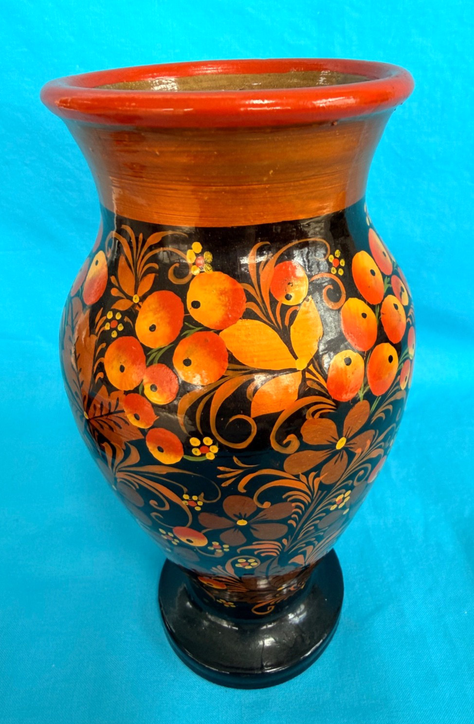 Vintage Khokhloma Papier Mache Vase Hand Painted Black Orange Gold Floral 8.5&Prime;