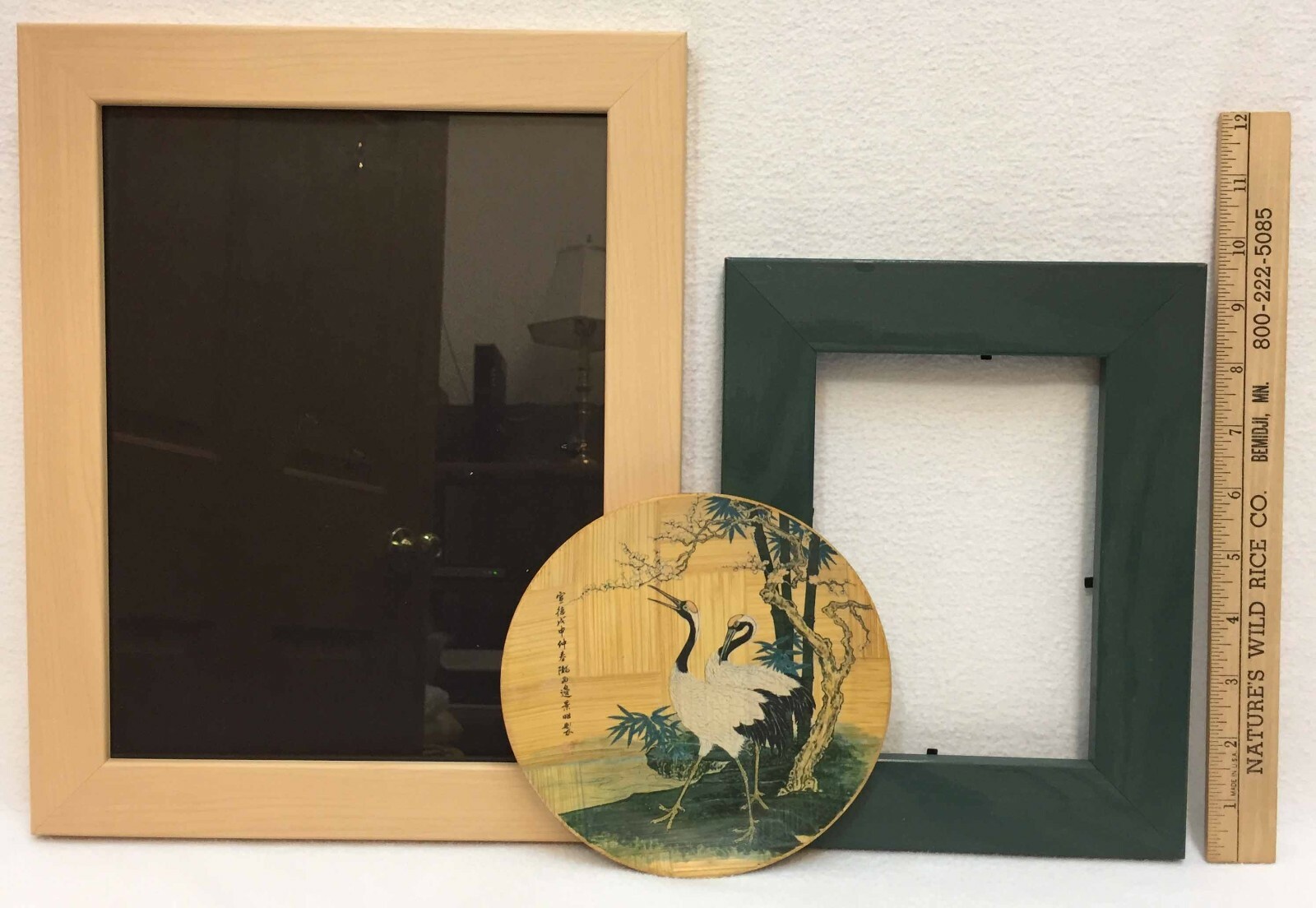 Woven Bamboo Plate Cranes Trees & 2 Frames Ash Look / Painted Green Wood Frame