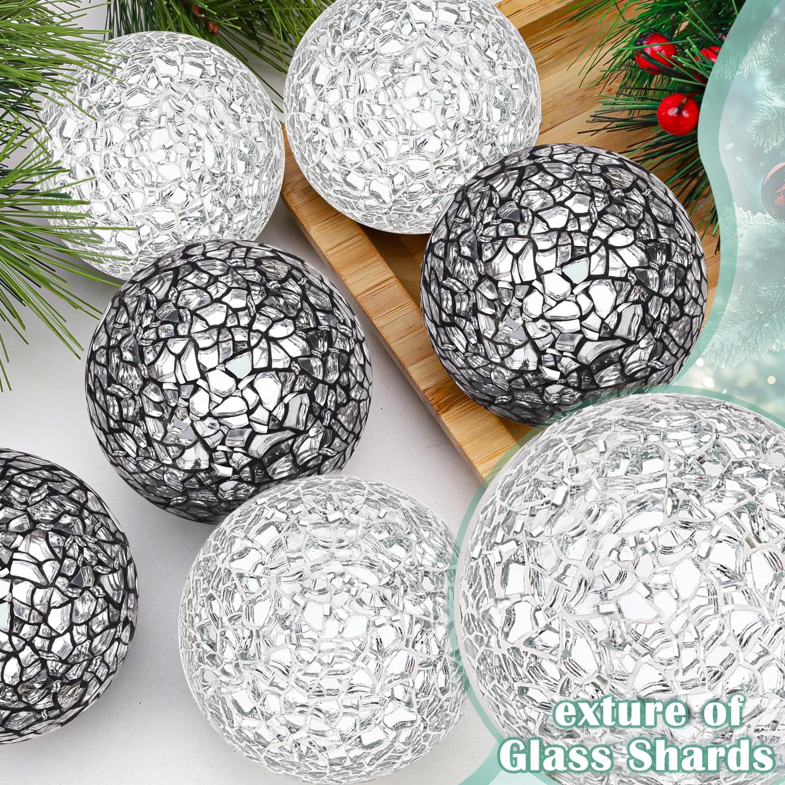 6 Pack Black Decorative Balls for Bowl,2.4 Inch Silver Decorative Glass Balls…