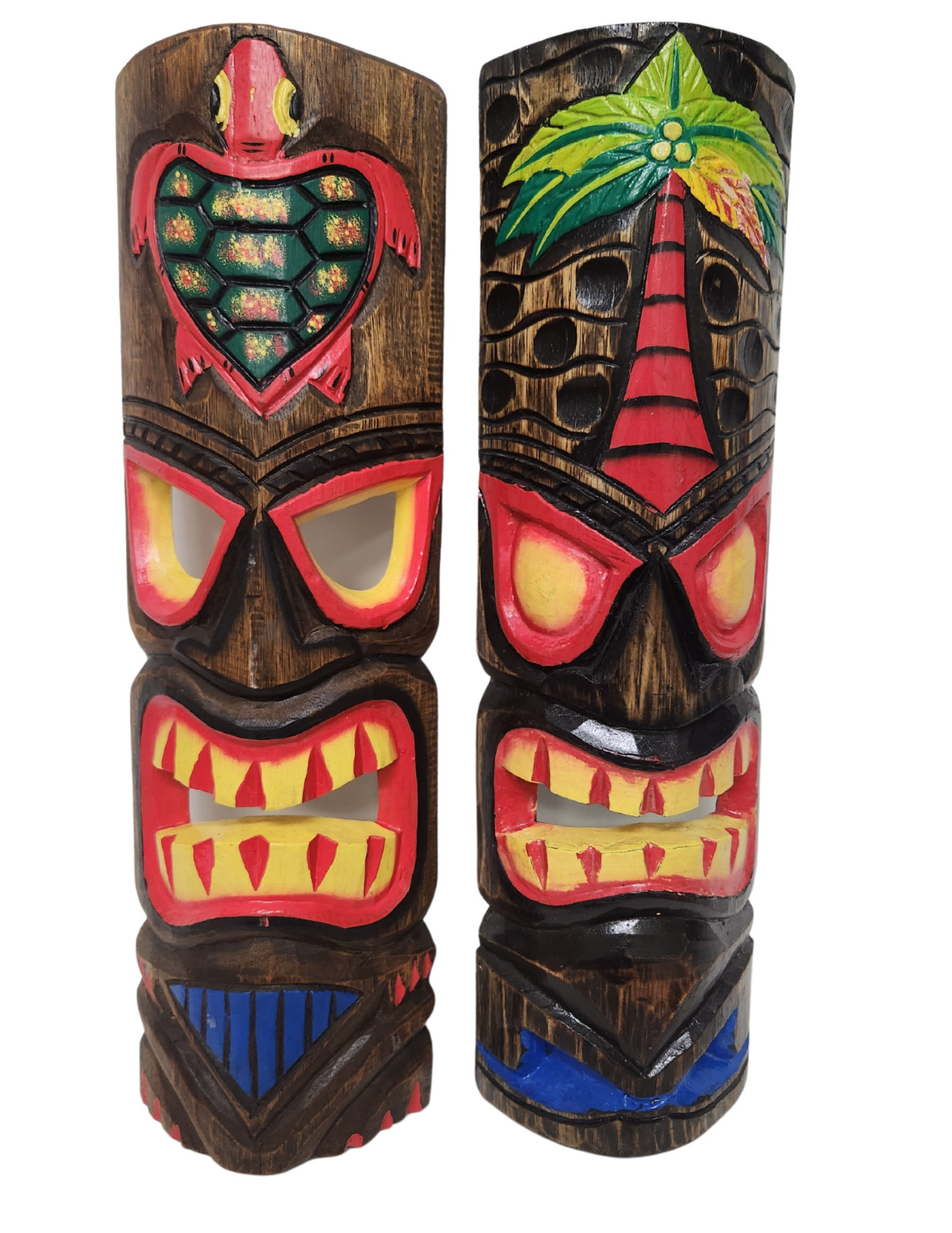 20&Prime; SET HAWAIIAN 2 TIKI MASK TROPICAL ISLAND WOOD POLYNESIAN WALL ART BAR PATIO