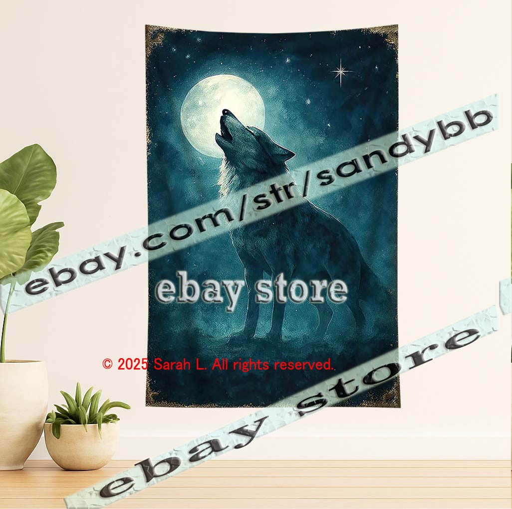 Moon Wolf Howl Wall Tapestry with Mystical Night Forest Atmosphere 39X59 in
