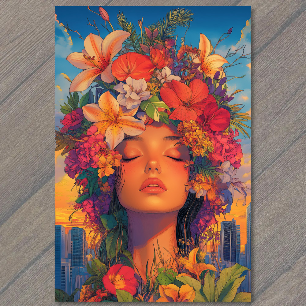 Art Print Woman Face Garden Flowers Skyscrapers Sunset Orange Yellow Blossoms