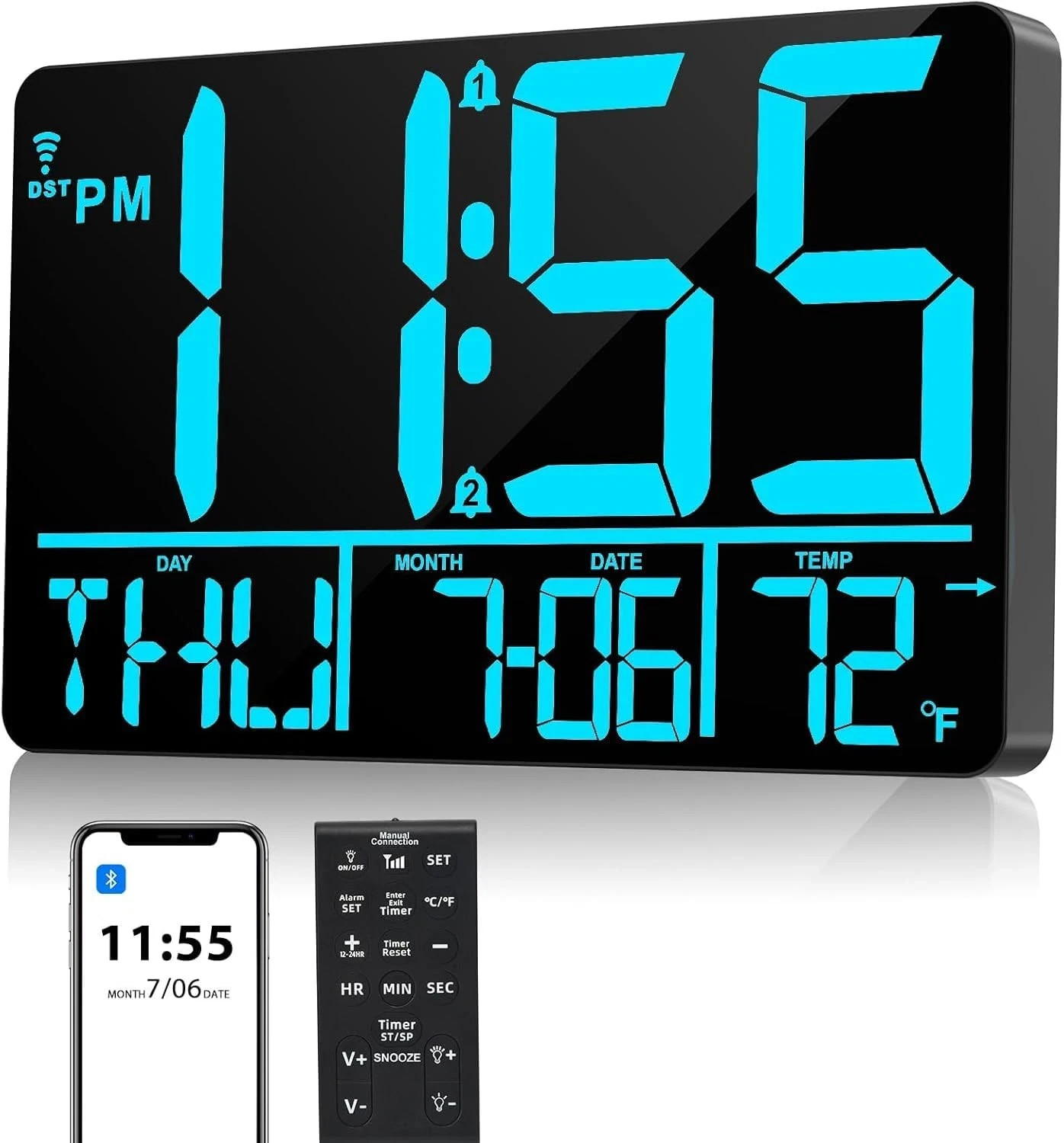 13&Prime; Bluetooth Auto Sync Wall Clock Large Digital Alarm Clock with …