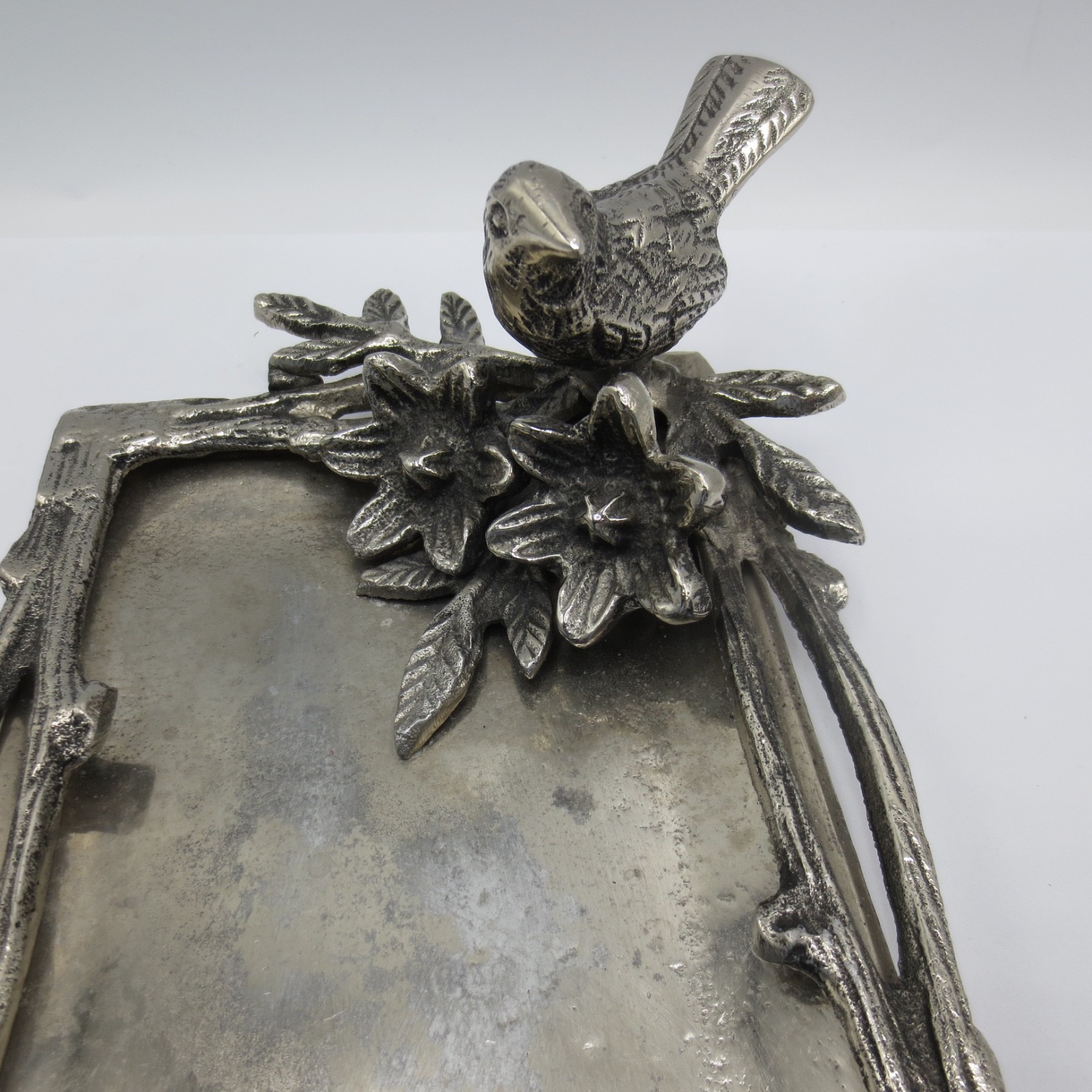 Metal Silver Tone Rectangle Plate Dish Bird Flowers Decorative Home 12&Prime; X 5&Prime;