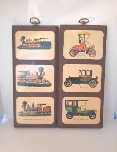 2 pc Vintage 1960s Transportation Wood Wall Plaques Trains Cars Retro Mod