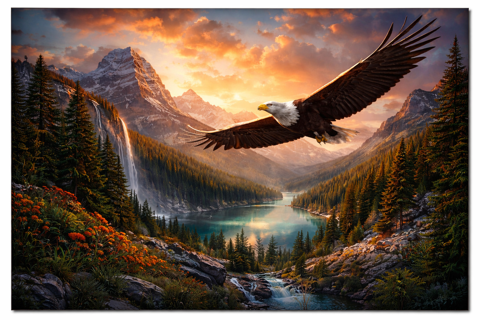 Bald Eagle Wall Art Landscape Poster Mountain Lake Sunset Nature Canvas Print