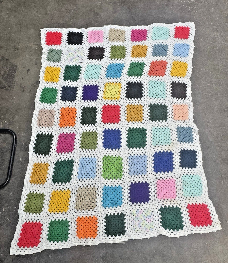 Granny Square Afghan Crochet Blanket Quilt 60s Throw Sofa PLEASE READ 66 X 49
