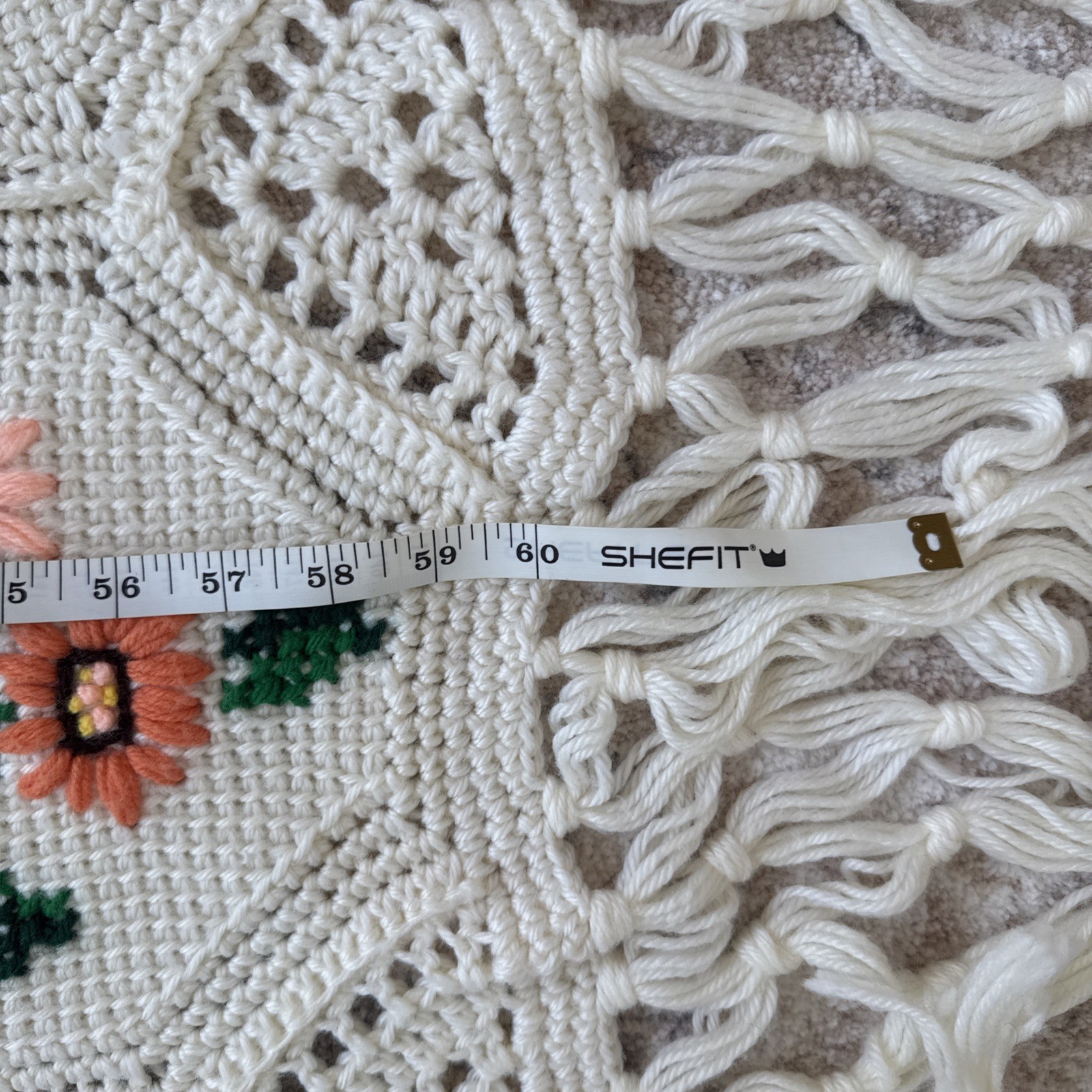 Cream Crocheted Blanket w/ Hexagons Embroidered Peach Floral Designs Fringe Ends