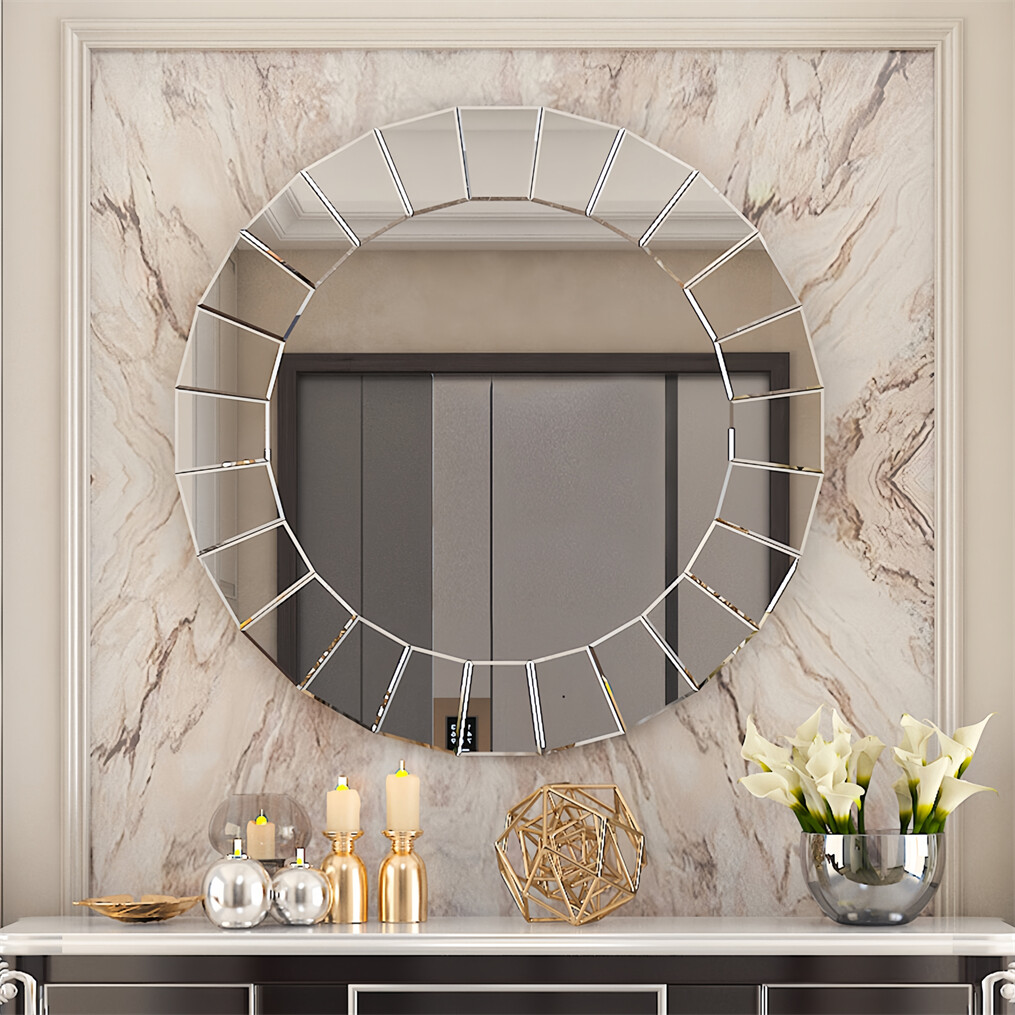 Extra Large Art Mirror Wall Hanging Round 32 In Glass Bevelled Living Room Decor