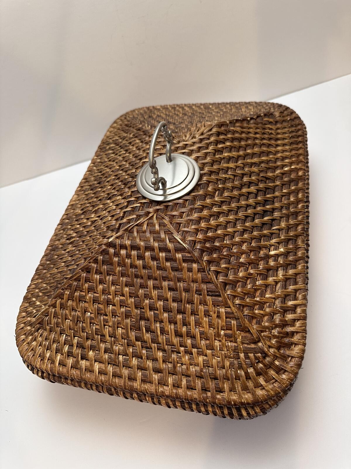 Rectangular Shaped Storage Basket made of Fine Woven Reed with Lid Metal Handle