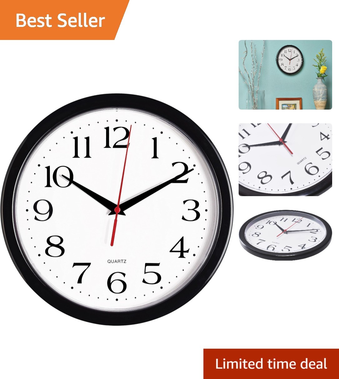 Black Wall Clock Silent Non Ticking 10 Inch Quality Quartz Battery Operated R…