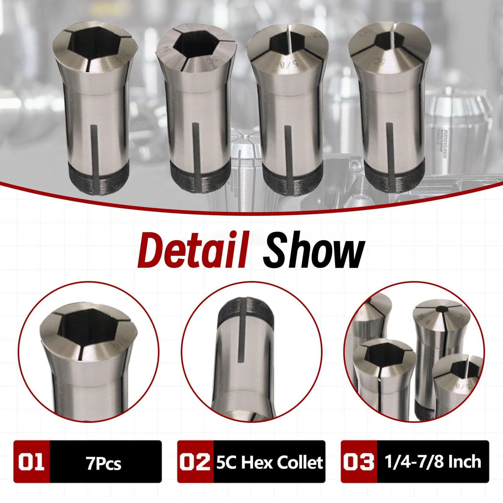 Findmall 7Pcs 5C Hex Collet 1/4 5/16 3/8 1/2 5/8 3/4 7/8 Mill Collet Holder Fit