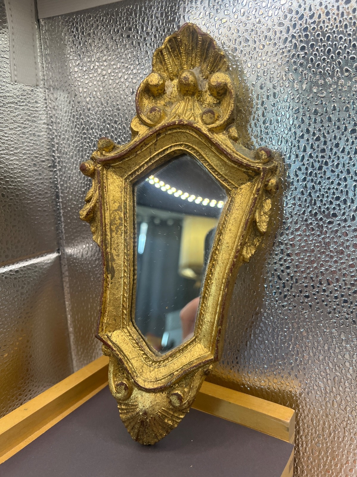 (F) Vintage Italian Florentine Baroque Gold Gilt Gesso Wood 9” Tall Wall Mirror