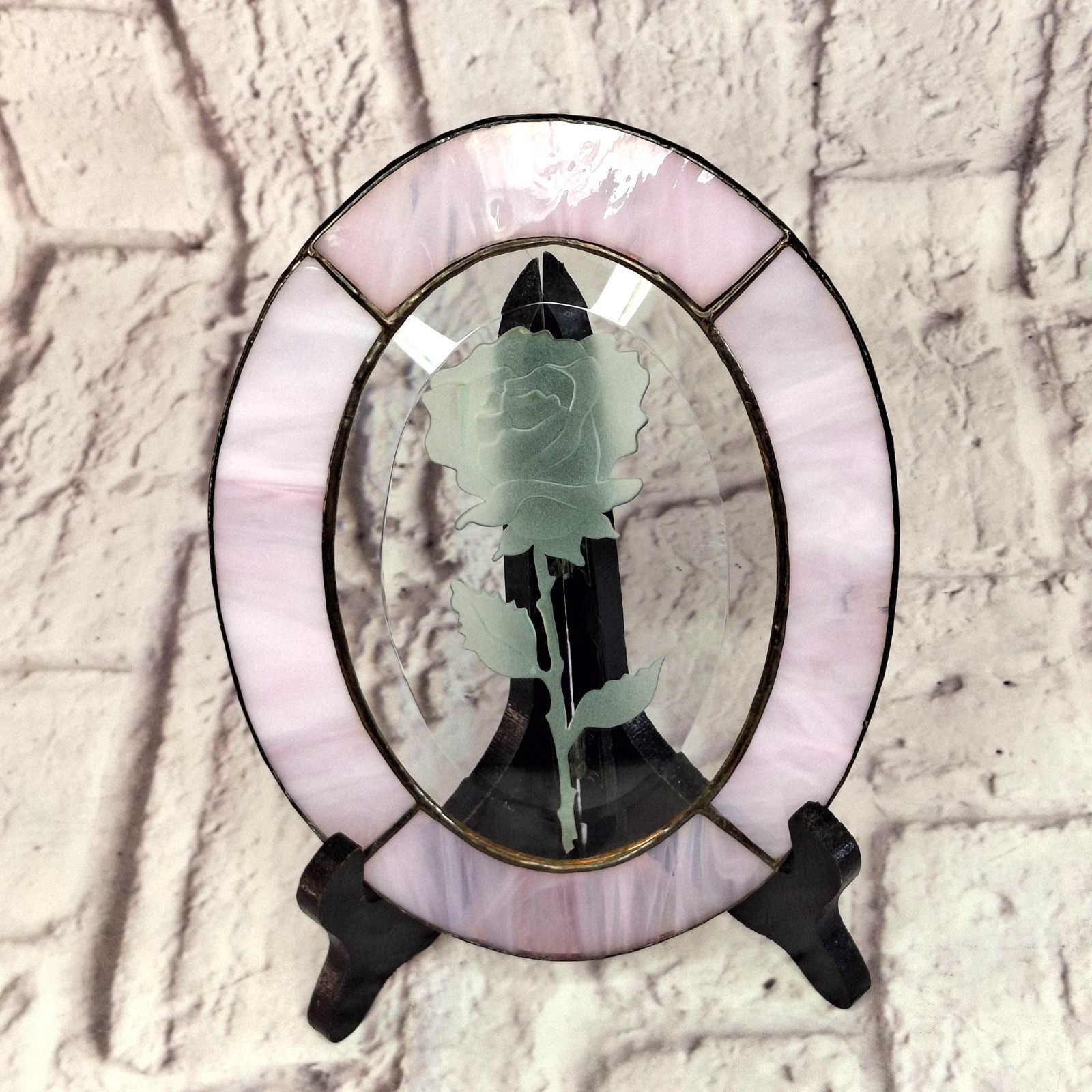 Vintage Stained Glass Sun Catcher Edged Rose Wall Hanger Pink & Clear 8 x 5.5in