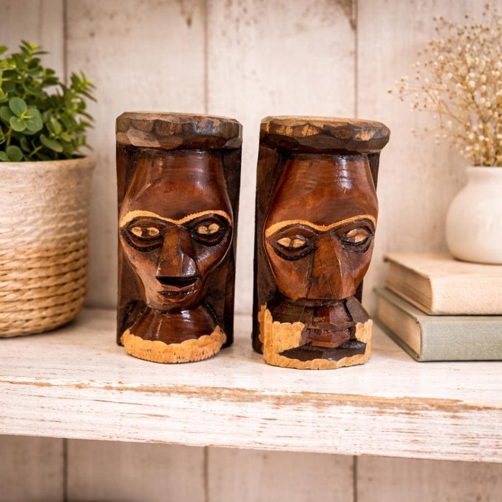 Vintage Hand Carved Wood Figures | Tribal Folk Art Decor, Set of 2