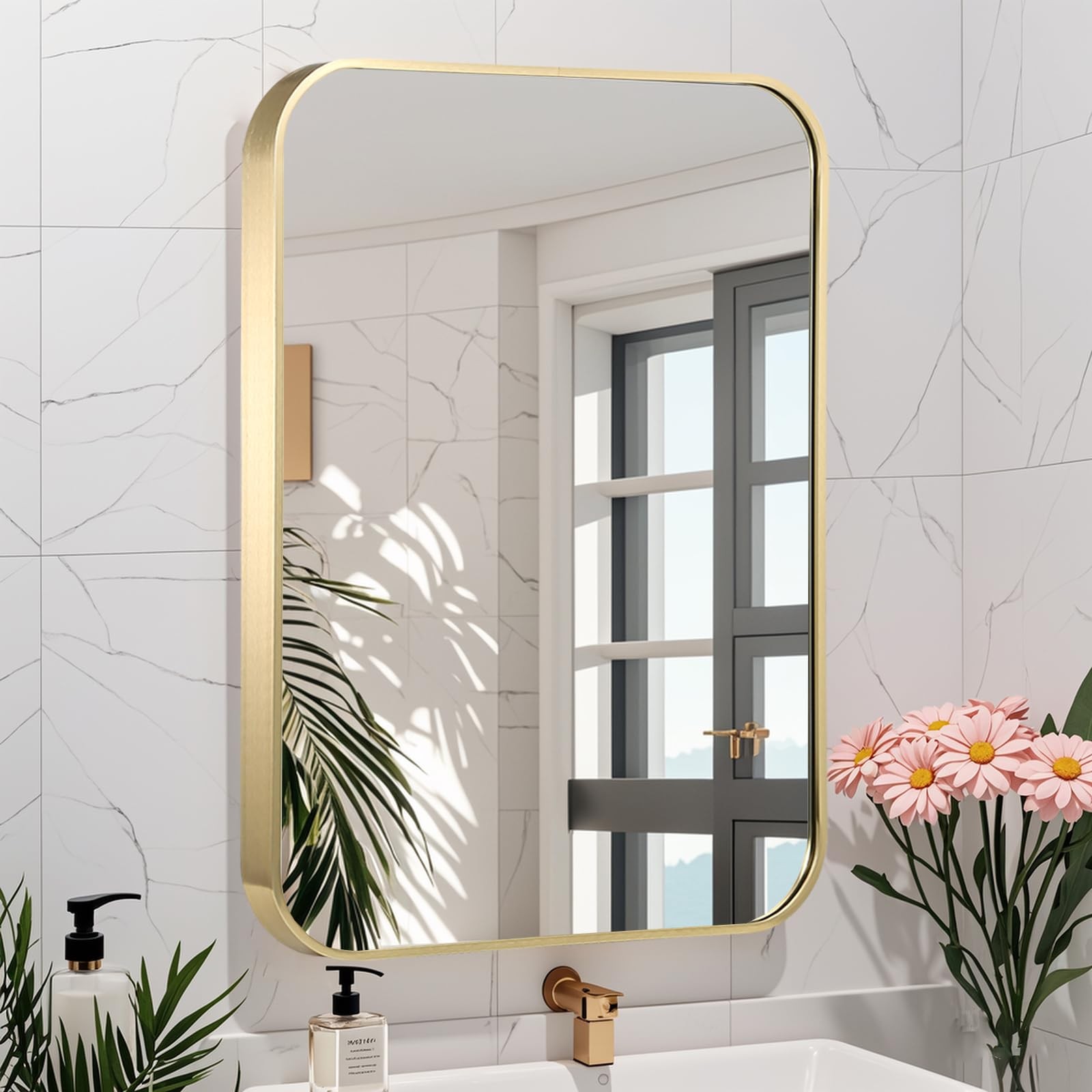 Jenbely 20X28 Inch Gold Bathroom Mirror Brushed Brass Gold Metal Framed