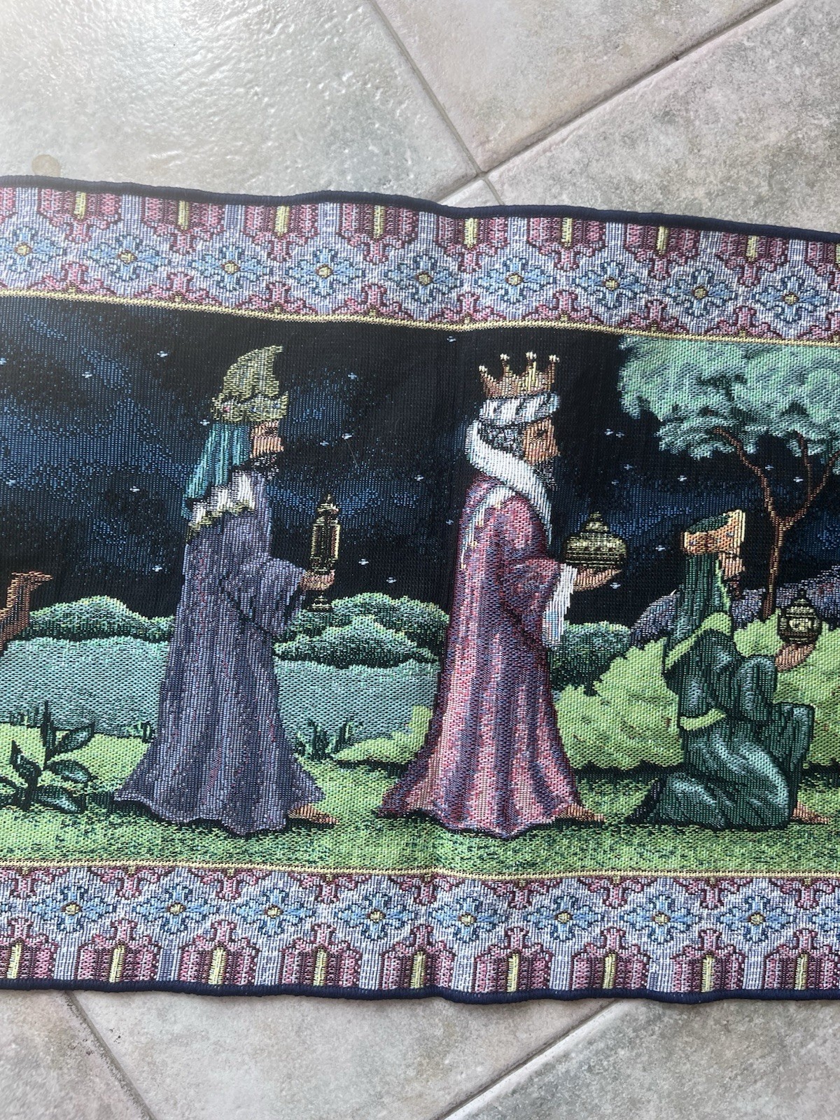VTG Nativity Tapestry Mary Baby Jesus Wisemen Table Runner 13×72”