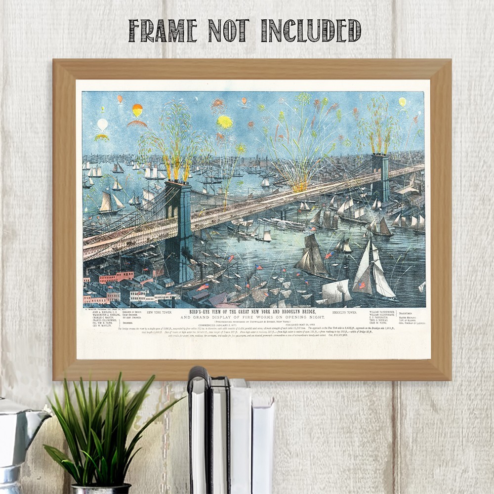 Brooklyn Bridge 1883 Fireworks Opening Night Bird’s Eye View Vintage Print