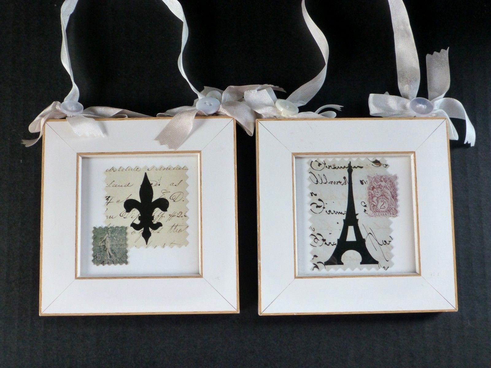 Pair Of French Silhouettes, Eiffel Tower & Fleur de Lis, Framed Art Handmade,USA