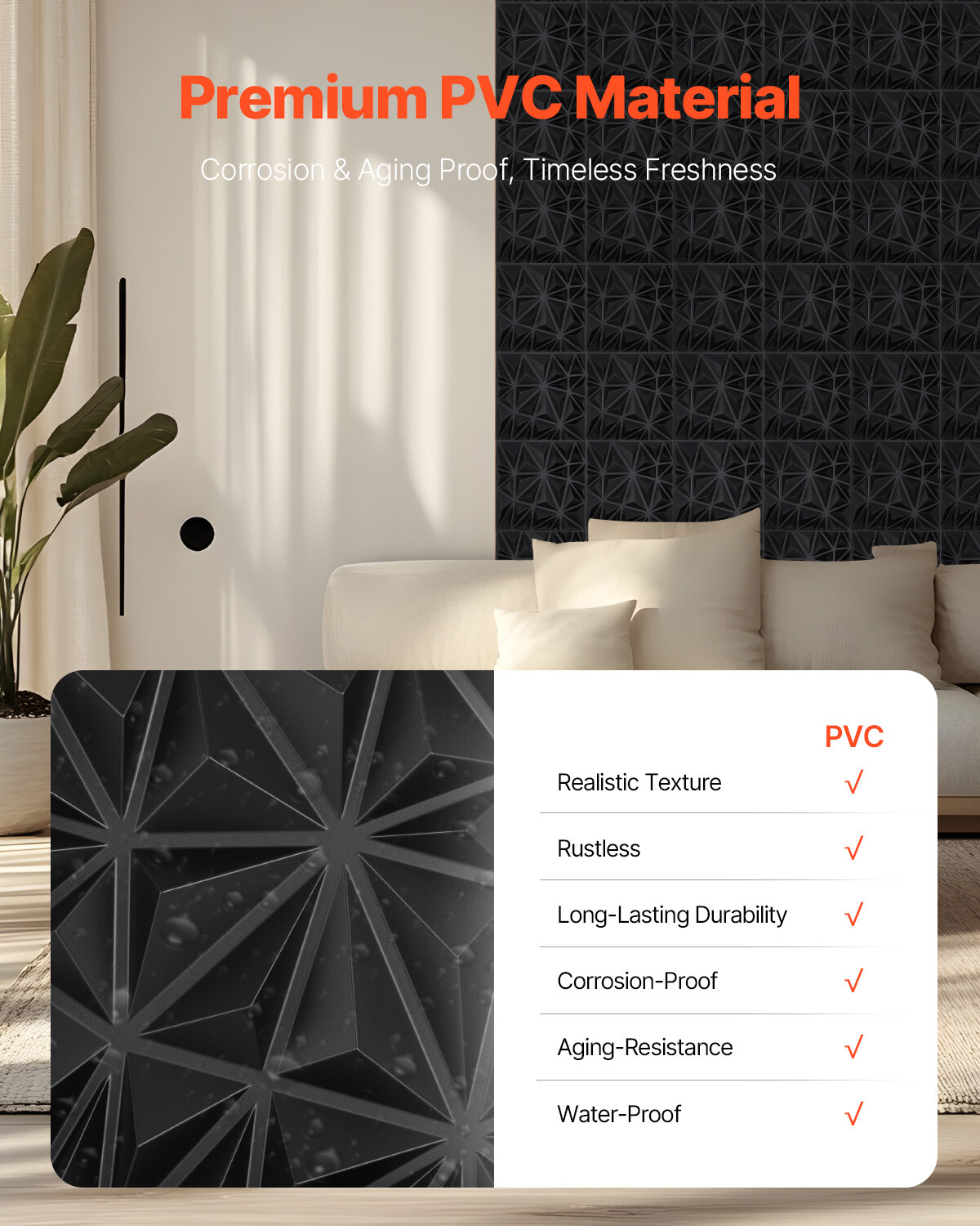 3D Wall Panels 33-Pack 11.81 x 11.81 » PVC 32 Sq.Ft Coverage Diamond Matte Black