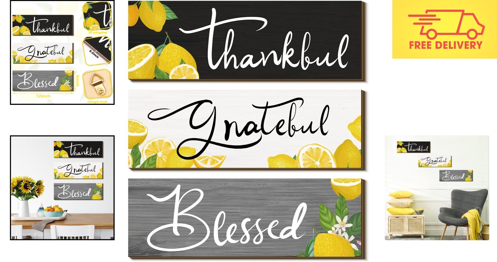 Versatile Decorative Wooden Lemon Signs – Thankful Grateful Blessed 3 Pcs Set