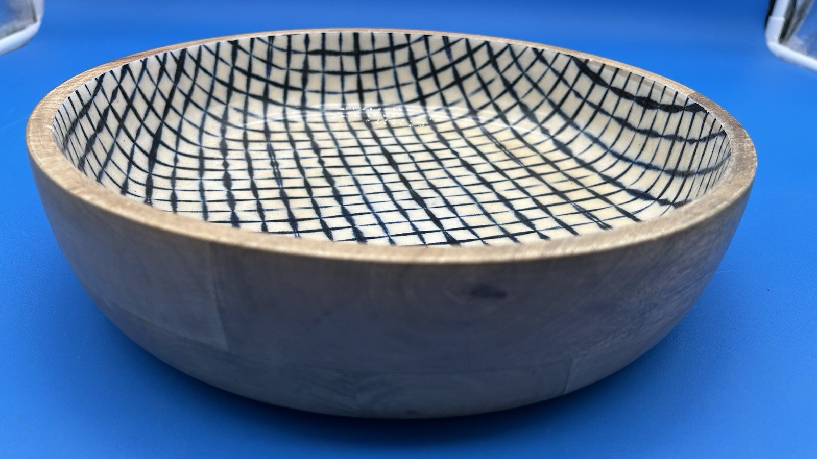 Wooden And Enamel Decorative Fruit Bowl W/ Cross hatch Design 11.5” X 3”