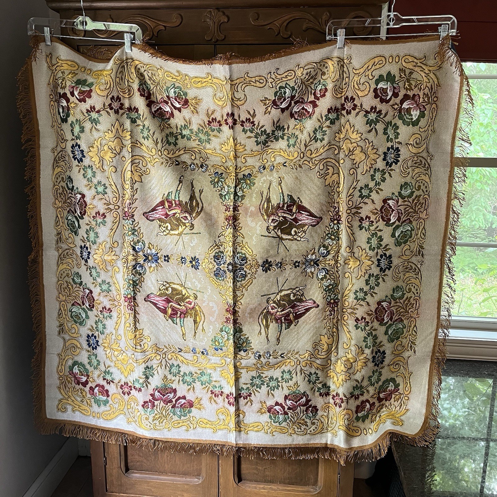 Equestrian Jacquard Woven Tapestry Throw Tablecloth 53×56 Floral Fringe*Stained*