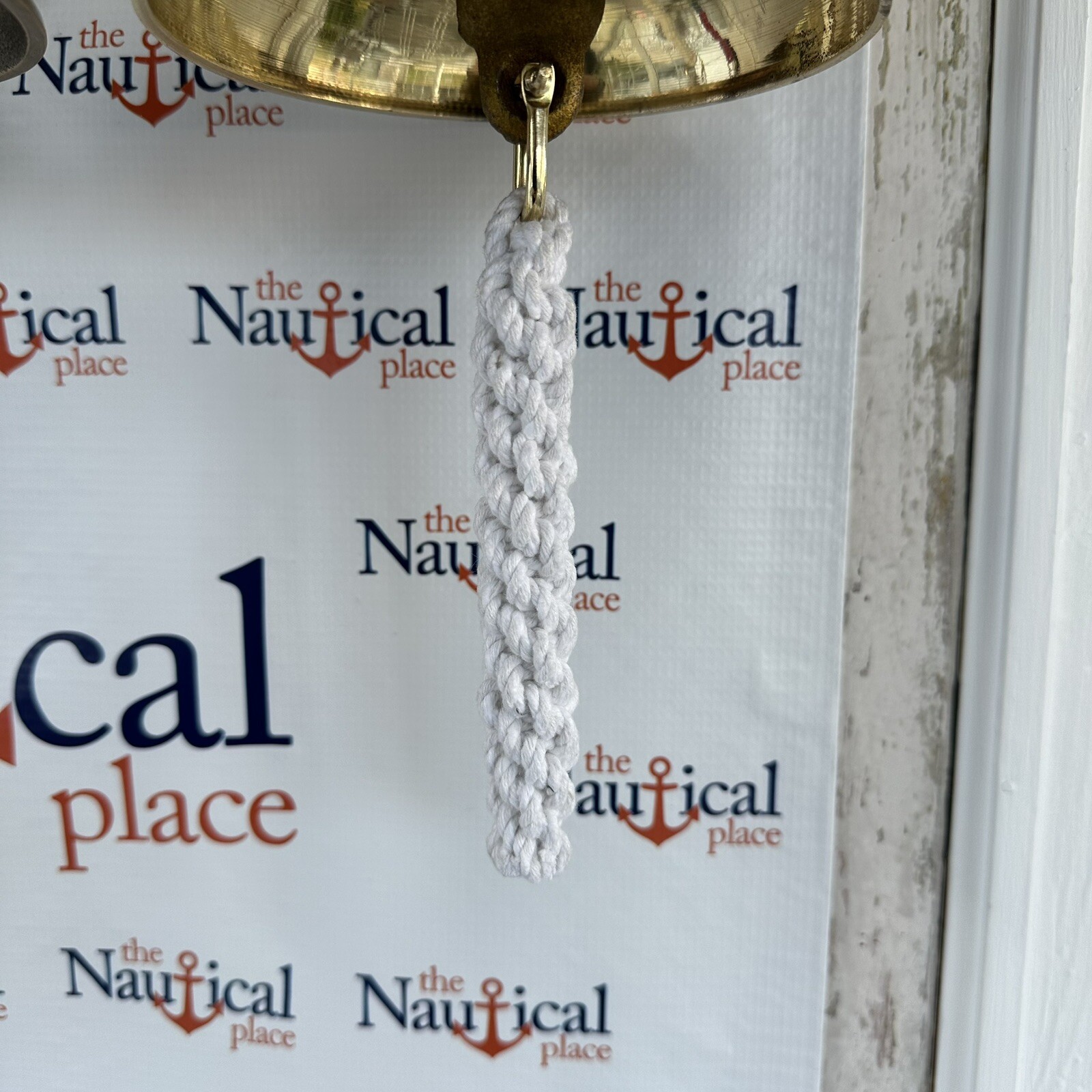 Rope Bell Pull w/ 2 Brass Shackles & Ring, Hand Tied, White, Off White, Natural