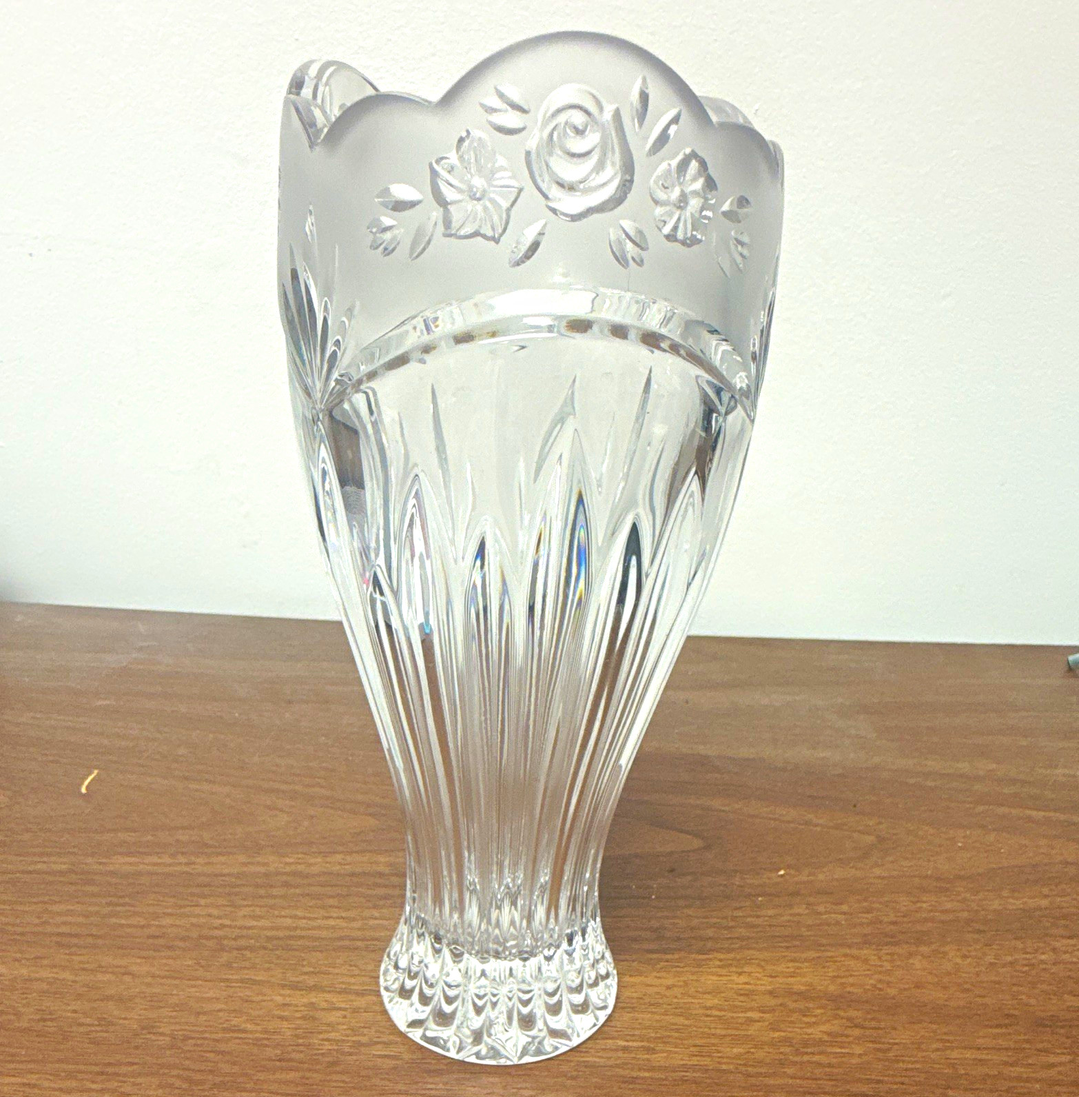 Clear Glass Flower Vase, Floral Etched Frosted Scalloped Rim, Round 10 in
