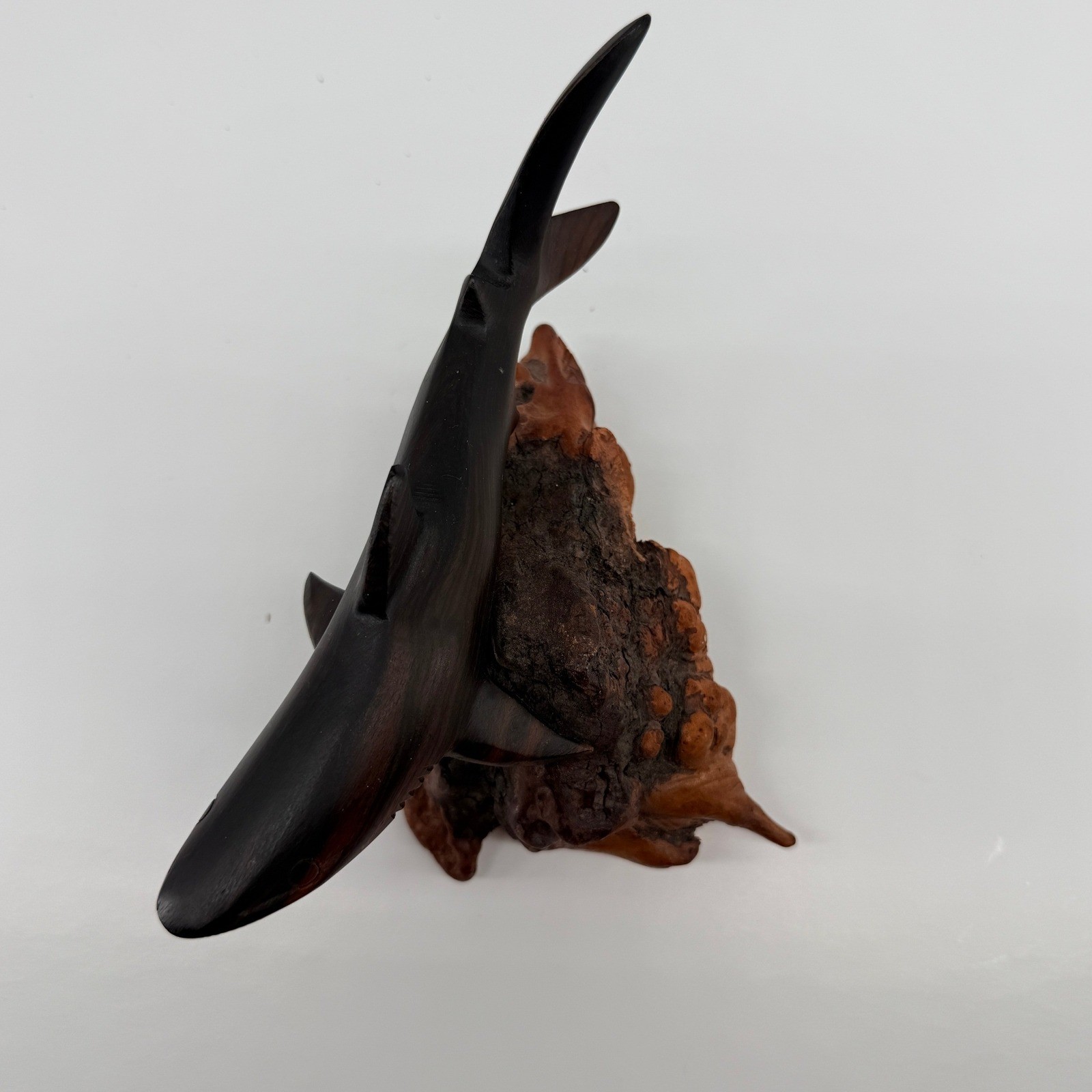 Shark Sculpture Dark Brown Ironwood Burl Wood Hand Carved Coastal Art