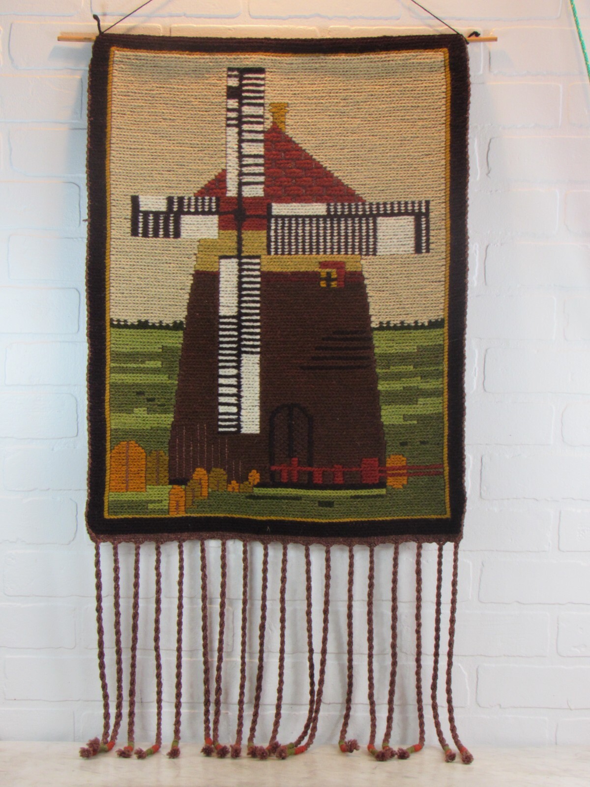VINTAGE HAND WOVEN NEEDLEWORK WALL HANGING BOHO MID CENTURY 46&Prime;