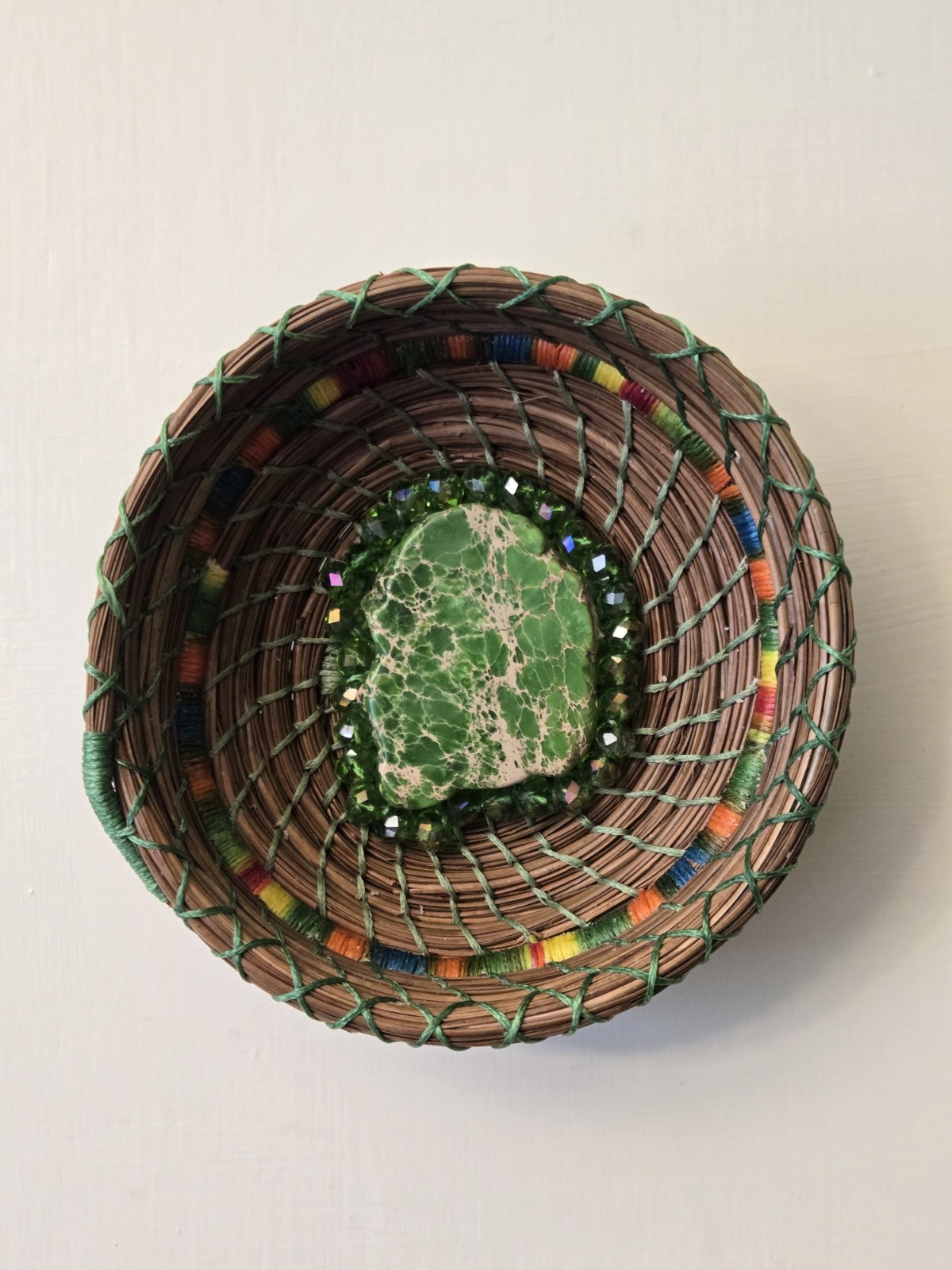 Handwoven Pine NEEDLE Basket/Bowl Small Round Brown Green Multicolor Bohemian,