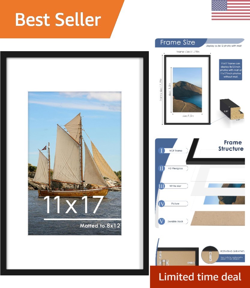 11X17 Picture Frame Black, Display Pictures 8 X 12 with Mat or 11 X 17 without M