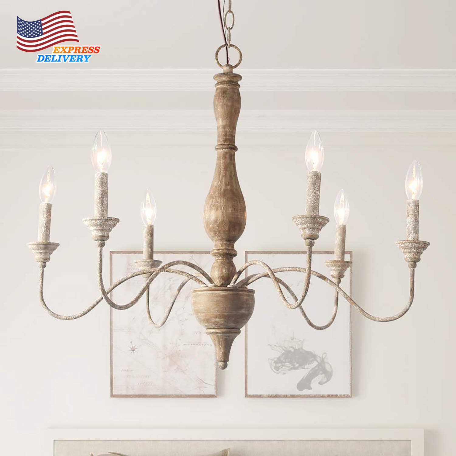 French Country Chandeliers Wood 6 Lights Rust Arms Lamp Body D 29.5 X H 24.5