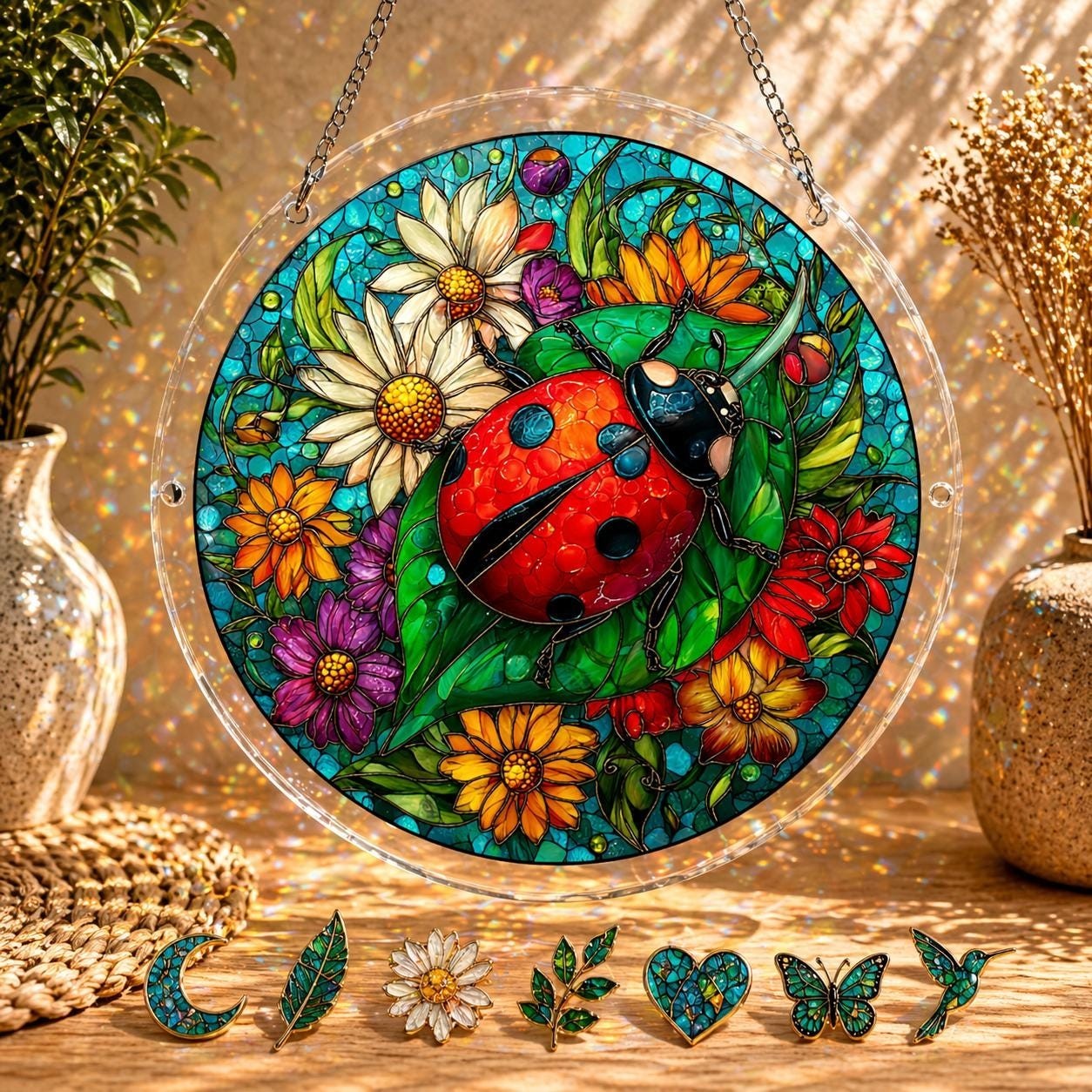 Custom Ladybug Wildflower Suncatcher Puzzle DIY Kit, Acrylic Window Hanging