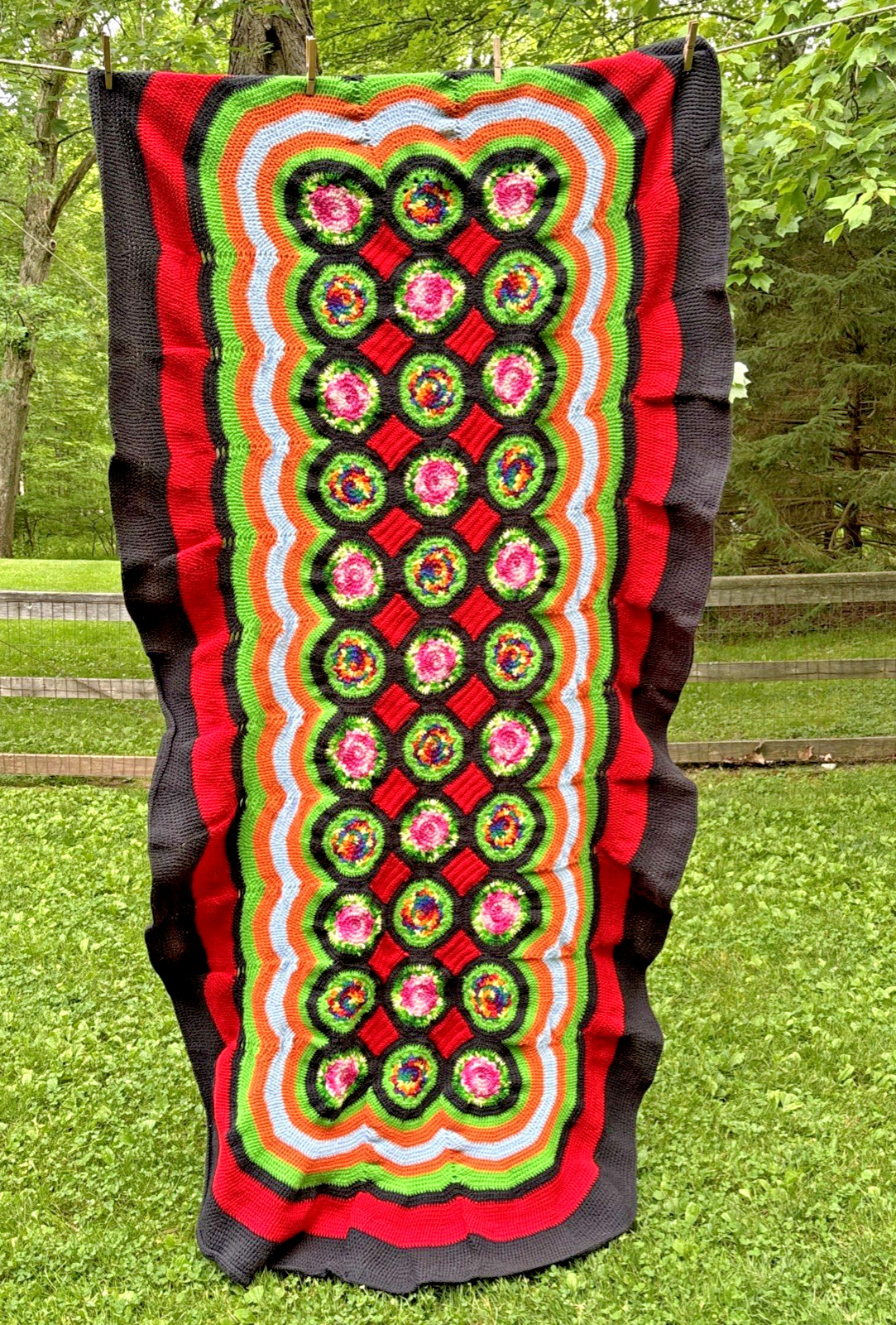 Vintage Hand Crocheted Afghan Blanket LONG & HEAVY 95&Prime; x 43&Prime; COLORFUL 6 lbs