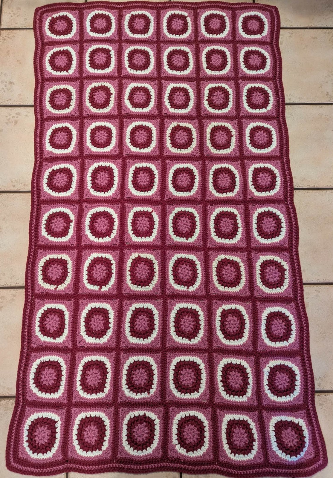 VTG Handmade Granny Square Crochet Blanket Throw Afghan 39”x 67” Pink & White