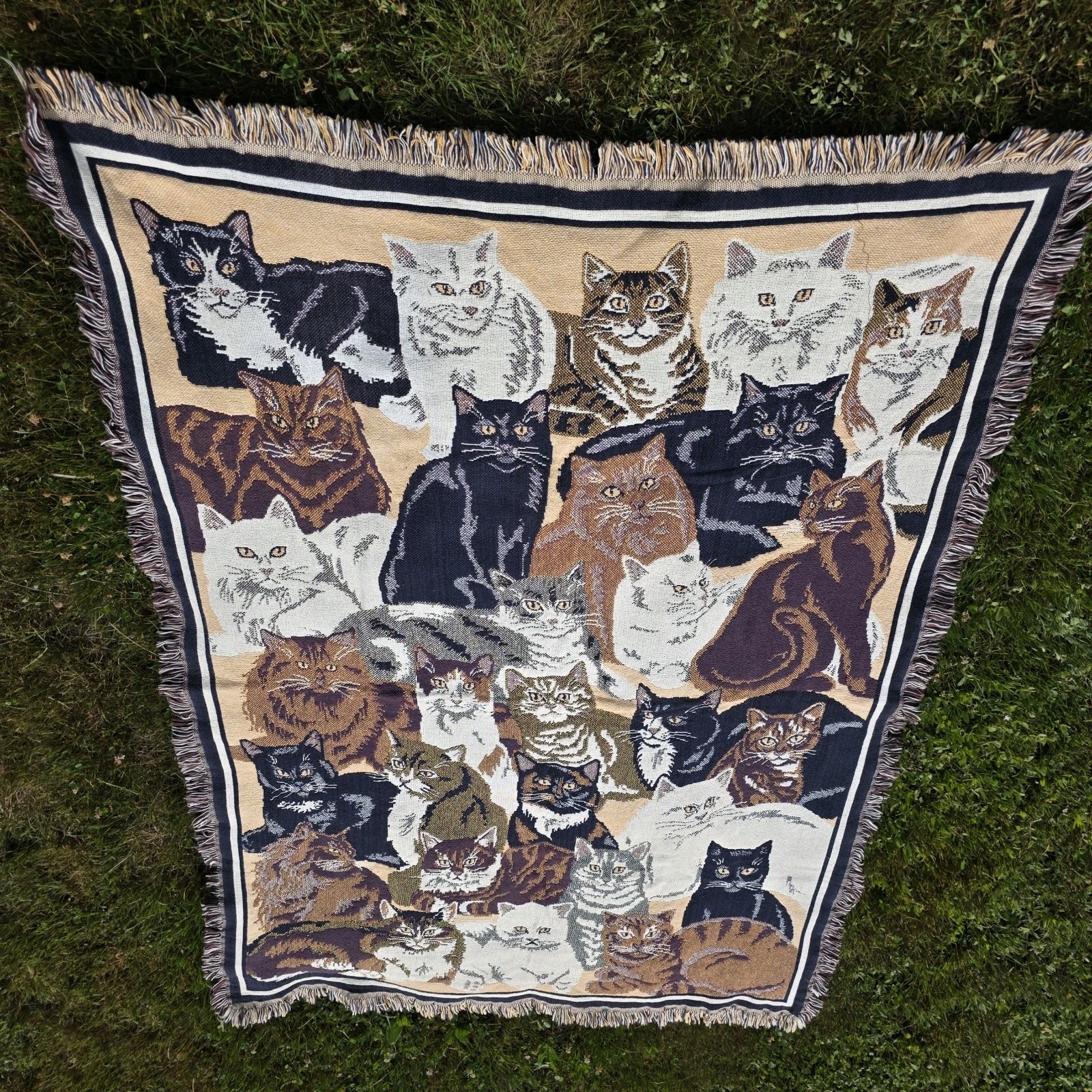 VTG Goodwin Weavers Cat Tapestry Blanket Woven Cotton Throw « Kitty Kingdom » USA