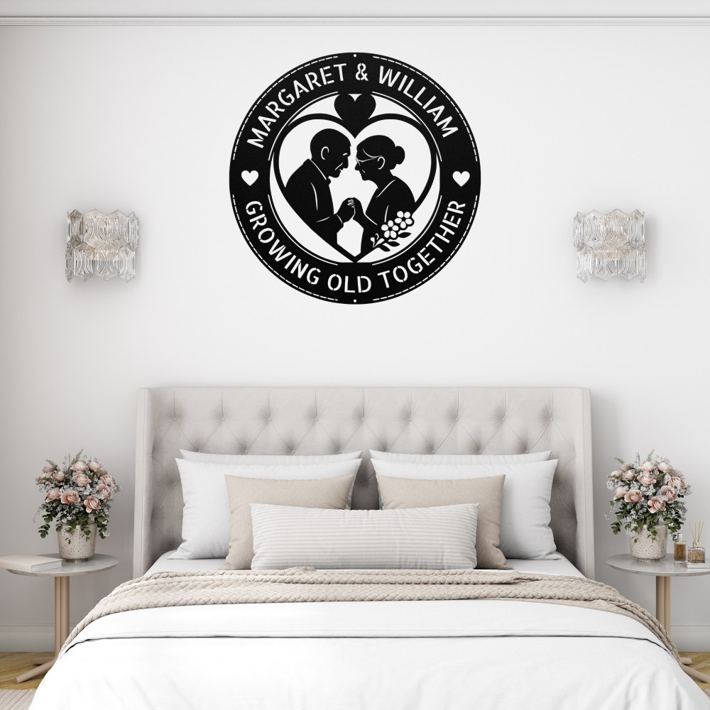 Personalized Old Couple in Heart Metal Art Sign Anniversary Valentines day Gift
