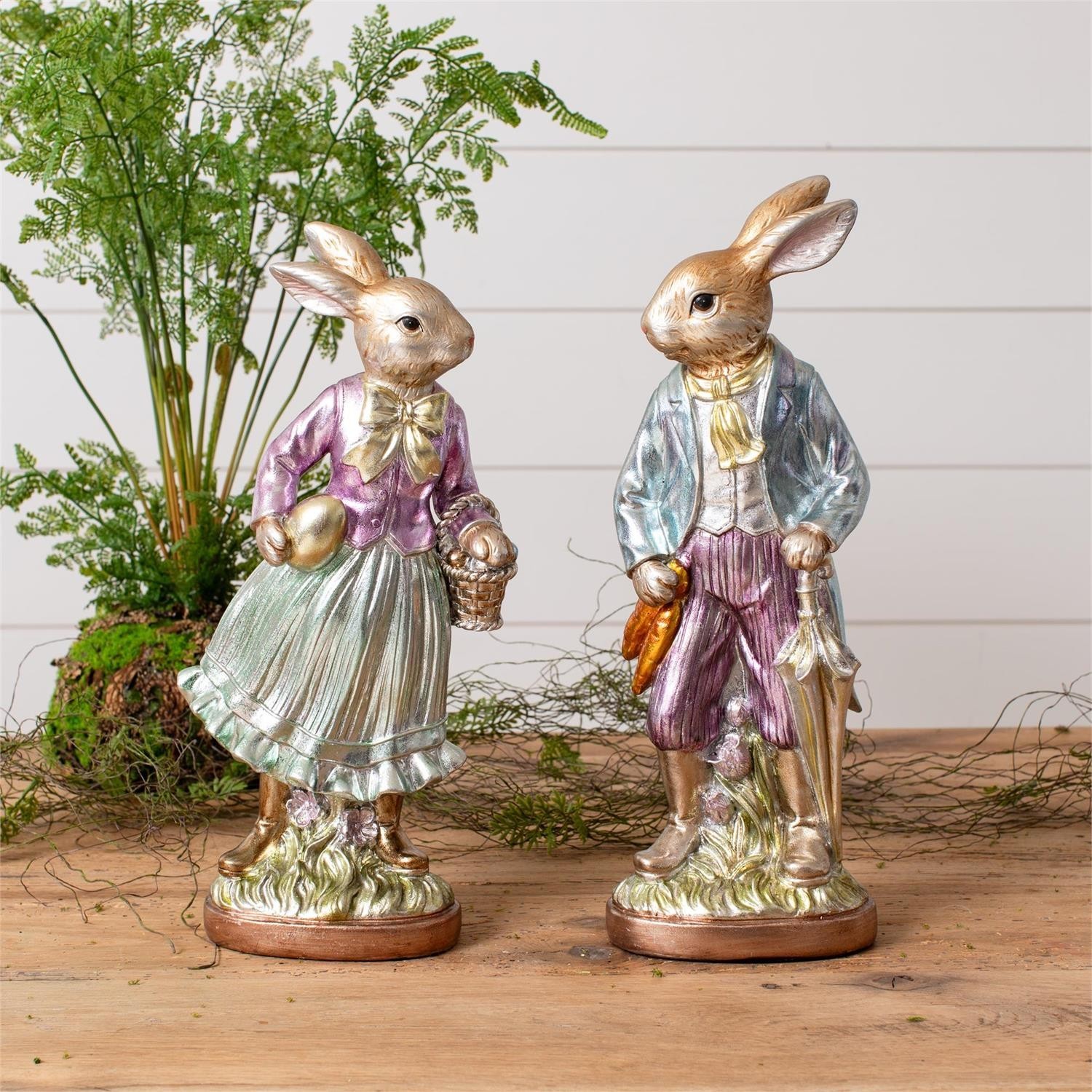 New Victorian Vintage Style EASTER FOIL CHOCOLATE BUNNY COUPLE Figurine Statues