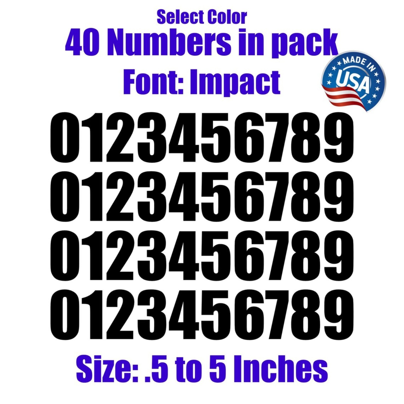 0-9 Numbers Font: IMPACT Set of 40 Vinyl Decals – Select Color Size 1/2&Prime; to 5&Prime;