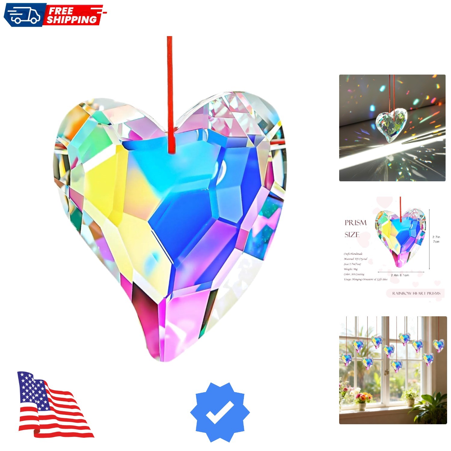 70mm Heart Crystal Prisms Suncatchers Colorful Sun Catcher Indoor Window Glas…