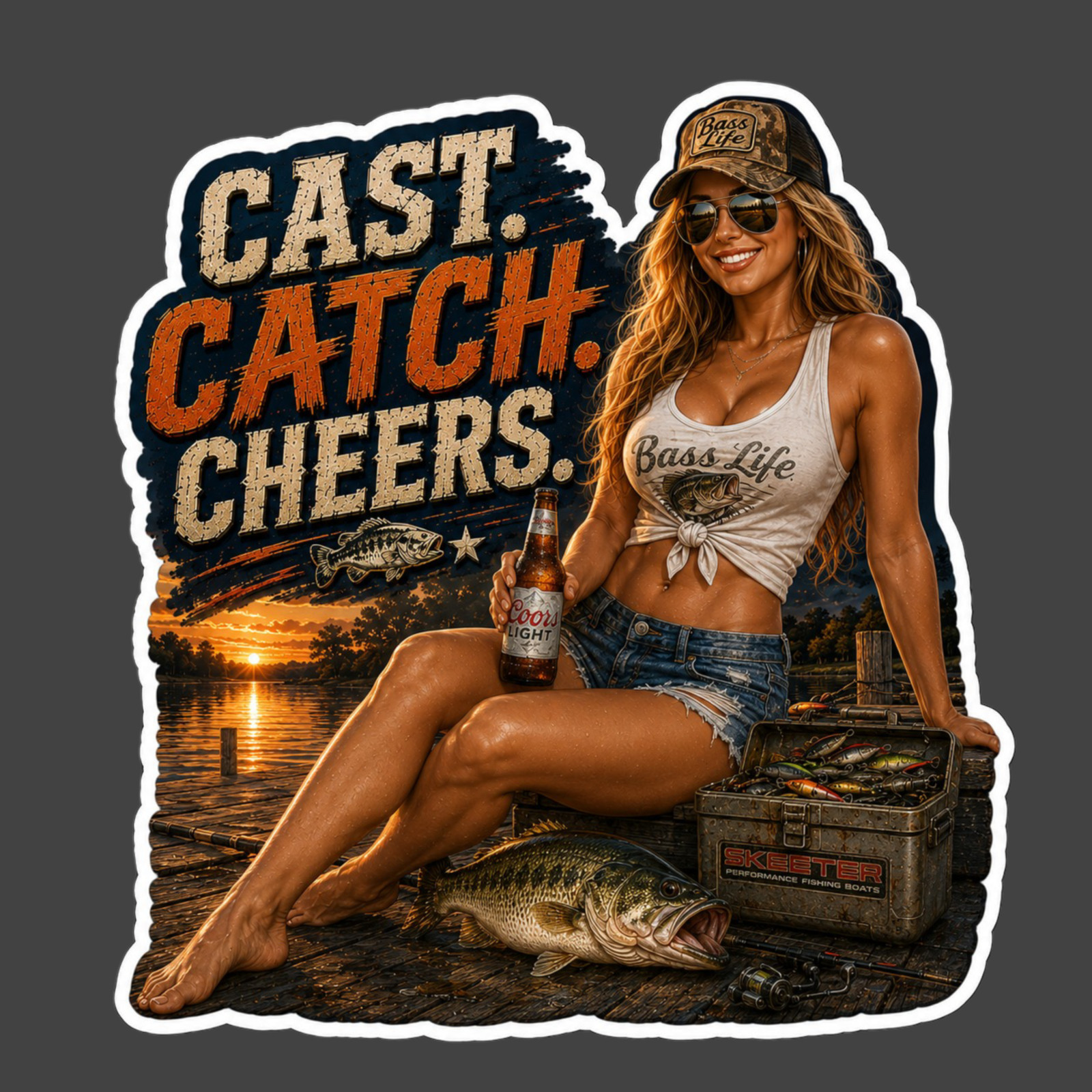Fishing Sticker Vinyl Decal Cast Catch Cheers Pinup Girl Bass Beer Gift