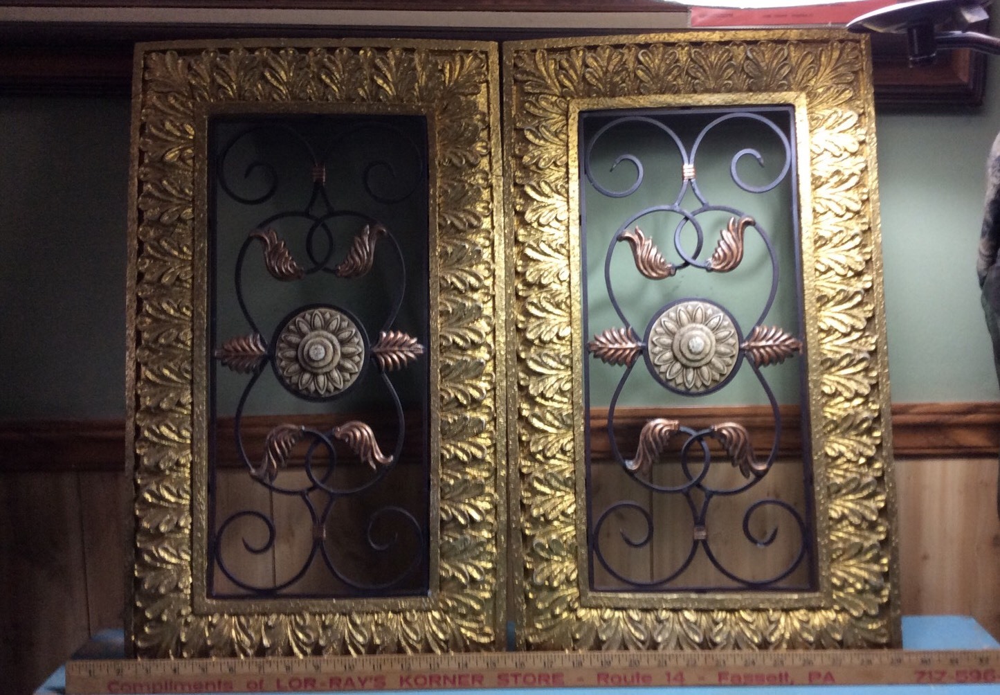 Pair Of Vintage Art Deco Style Gold Wall Décor With Black Metal Designs